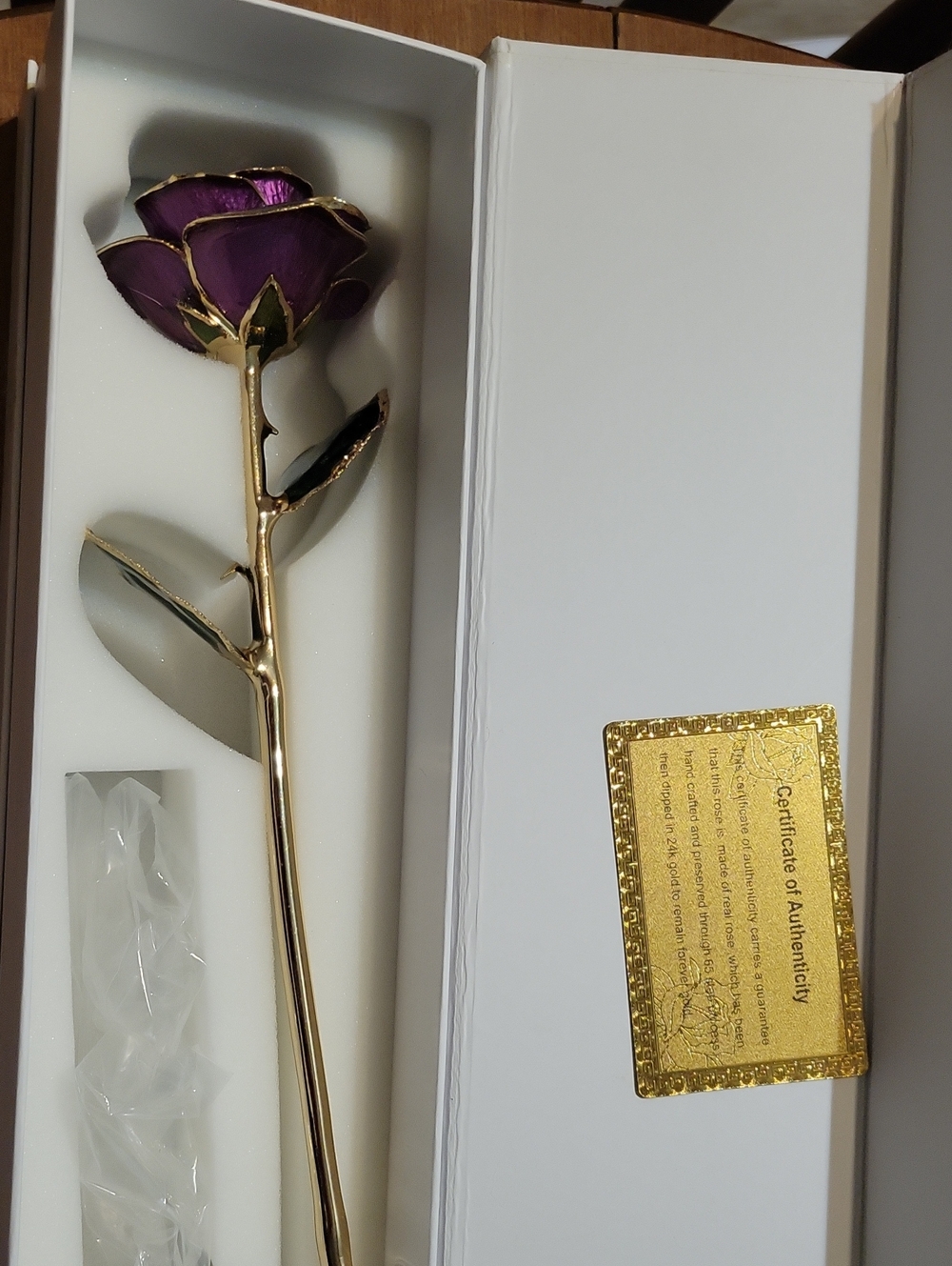 Gold Plated Stem Purple Enamel Rose - Gift Boxed